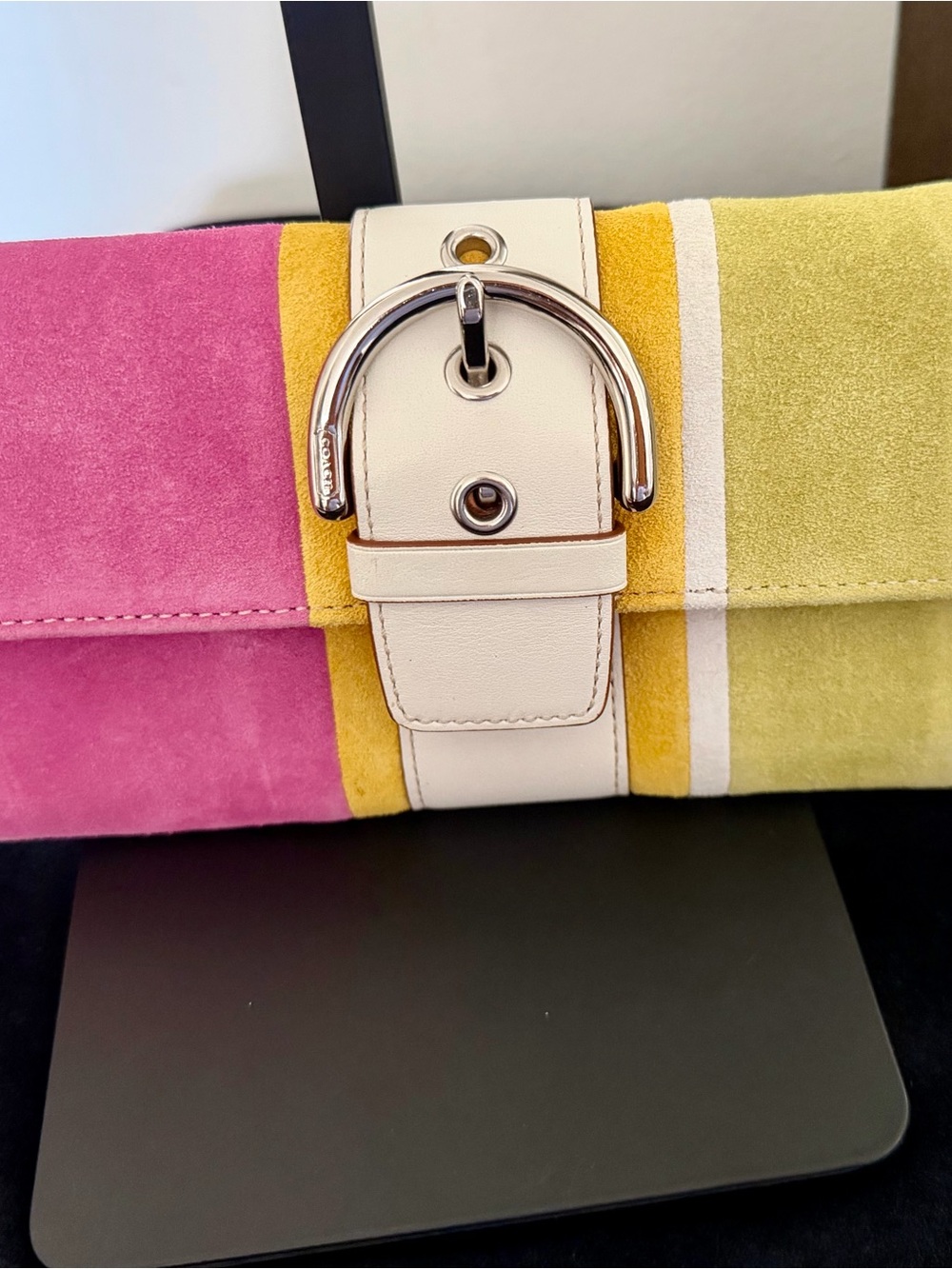 Coach Suede Colorblock Clutch in Pink, Yellow & Cream
